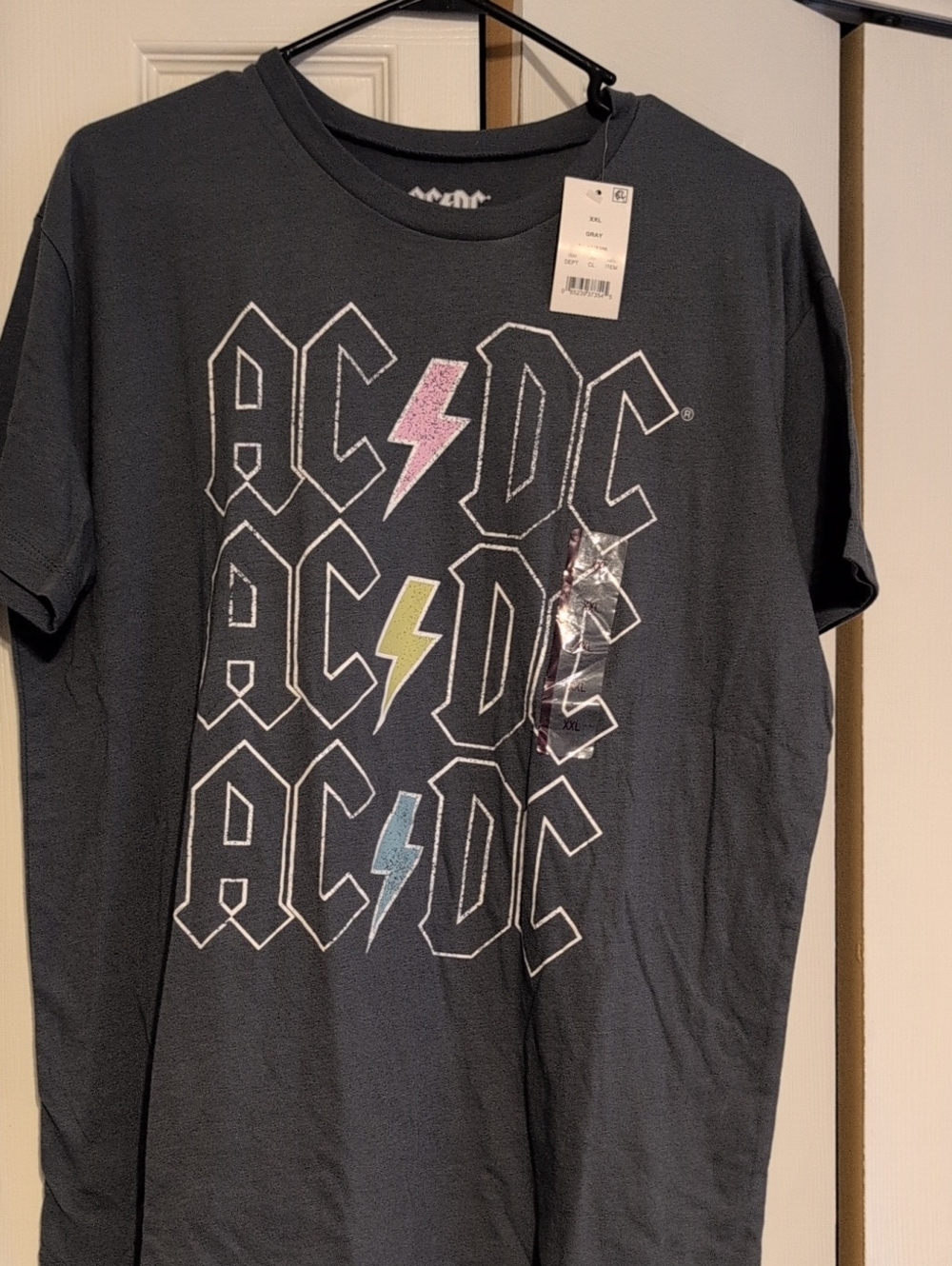 AC/DC Kids Short Sleeve Tee in Gray with Pink, Yellow, Blue Lightning Bolts